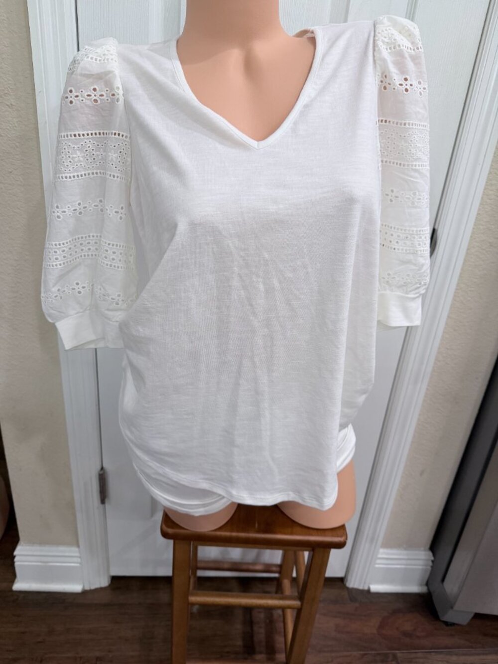 Chenault Winter White Eyelet Puff Sleeve V Neck Boho Cottagecore Top Small